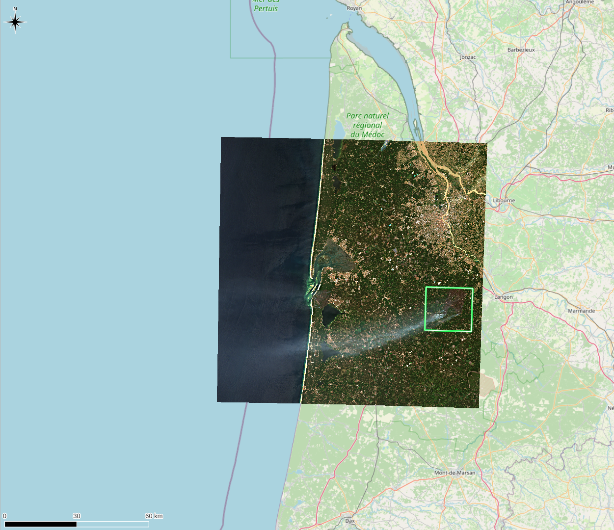 Incendies Gironde AOIs ou Automated optical inspection mesurent environ 20 km × 20 km